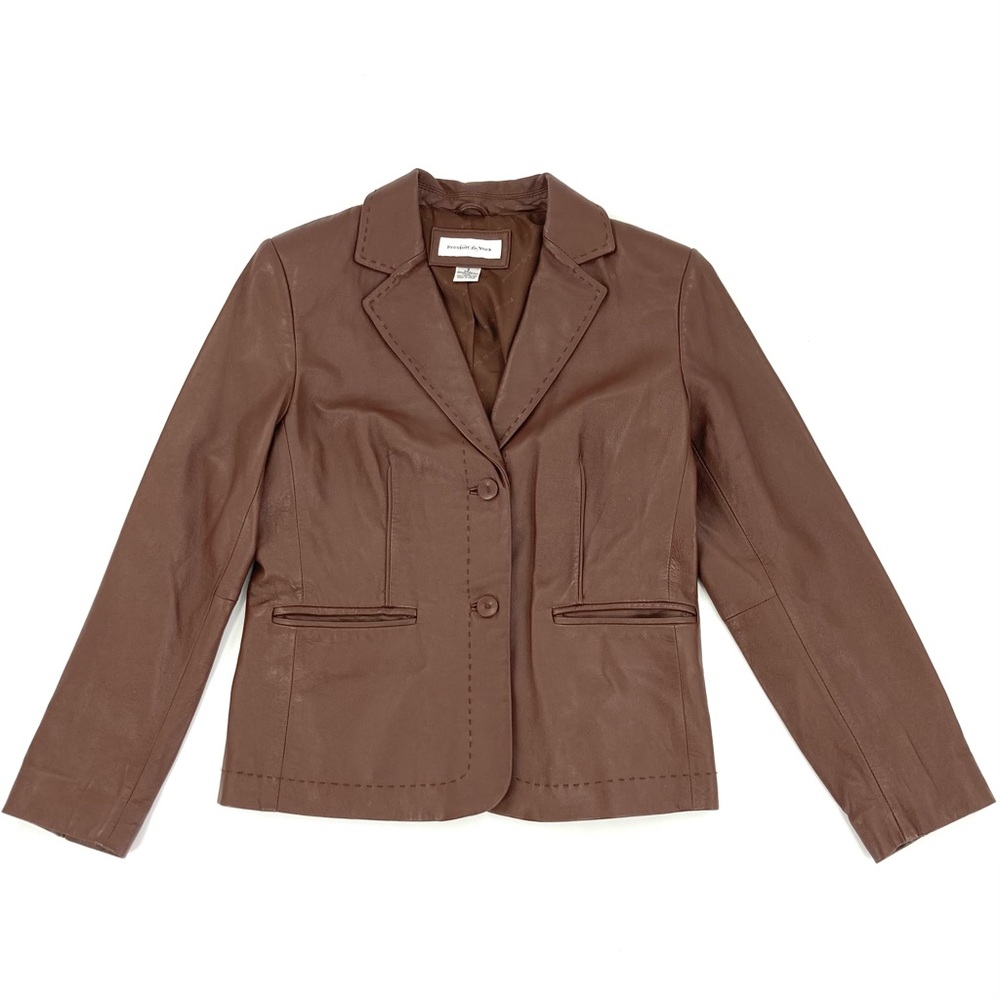 Brown Lamb Skin Leather Suit Jacket with Stitch Detail